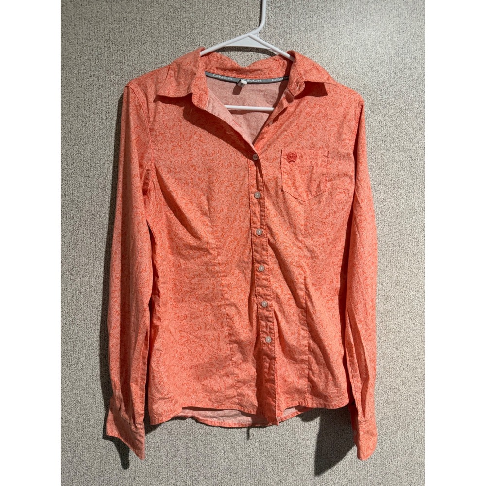 Cinch Womens Medium Coral Orange Paisley Long Sleeve Button Down Western Shirt